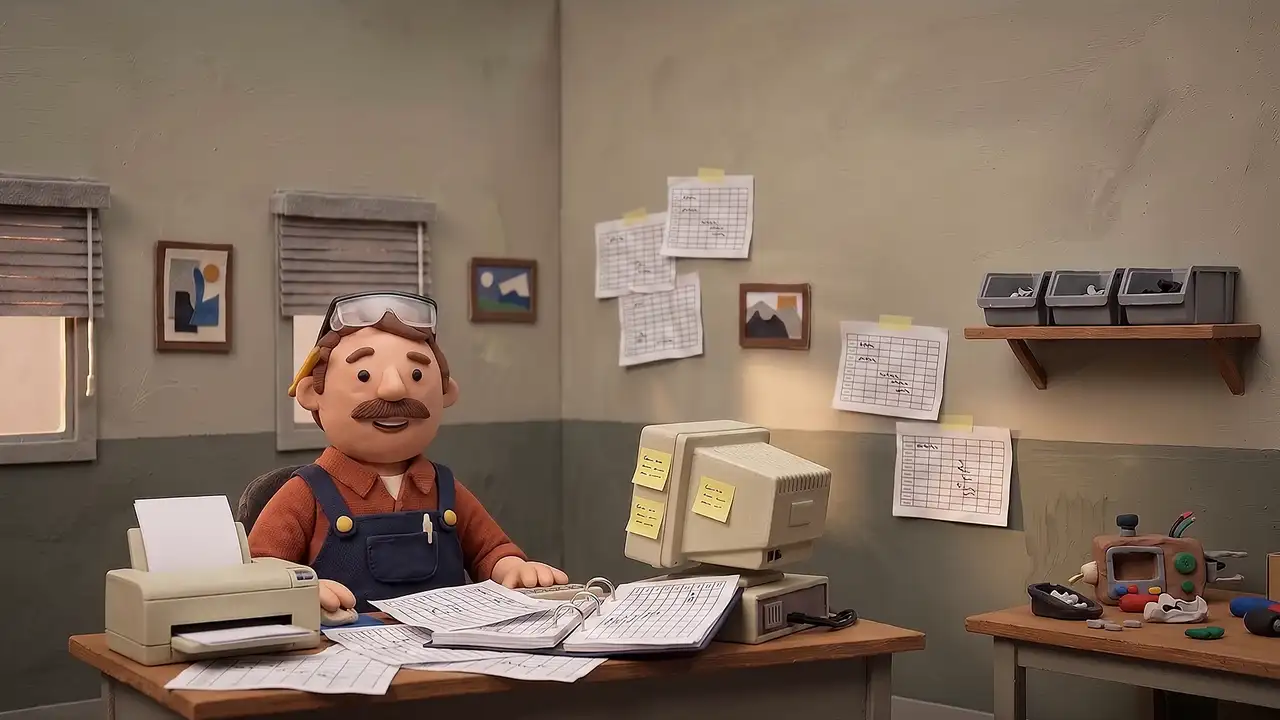 Claymation: Dave at his desk in a grey office full of spreadsheets and sticky notes. Scrolling tidies it into a calm, bright office with his feet up.