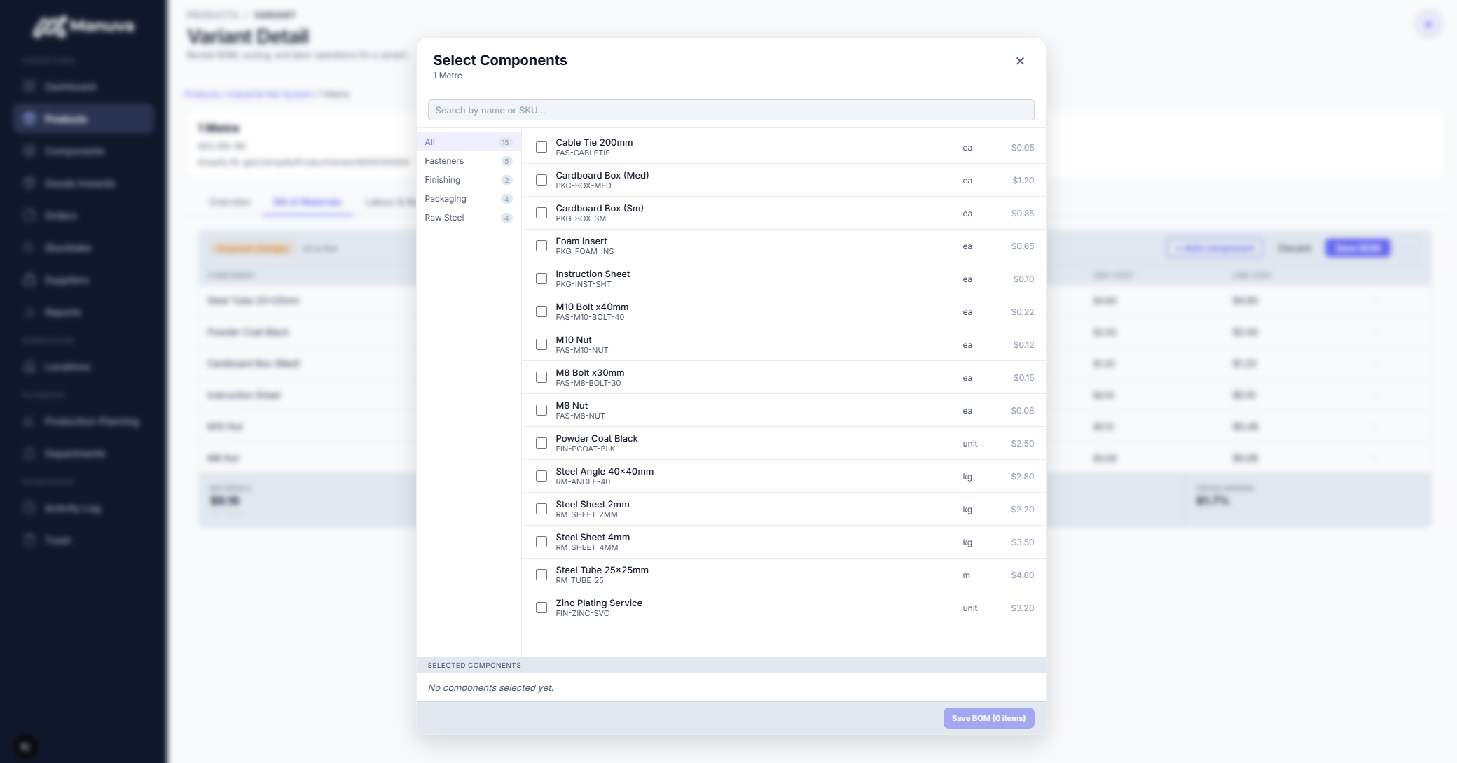 Manuva component selection modal with searchable parts library