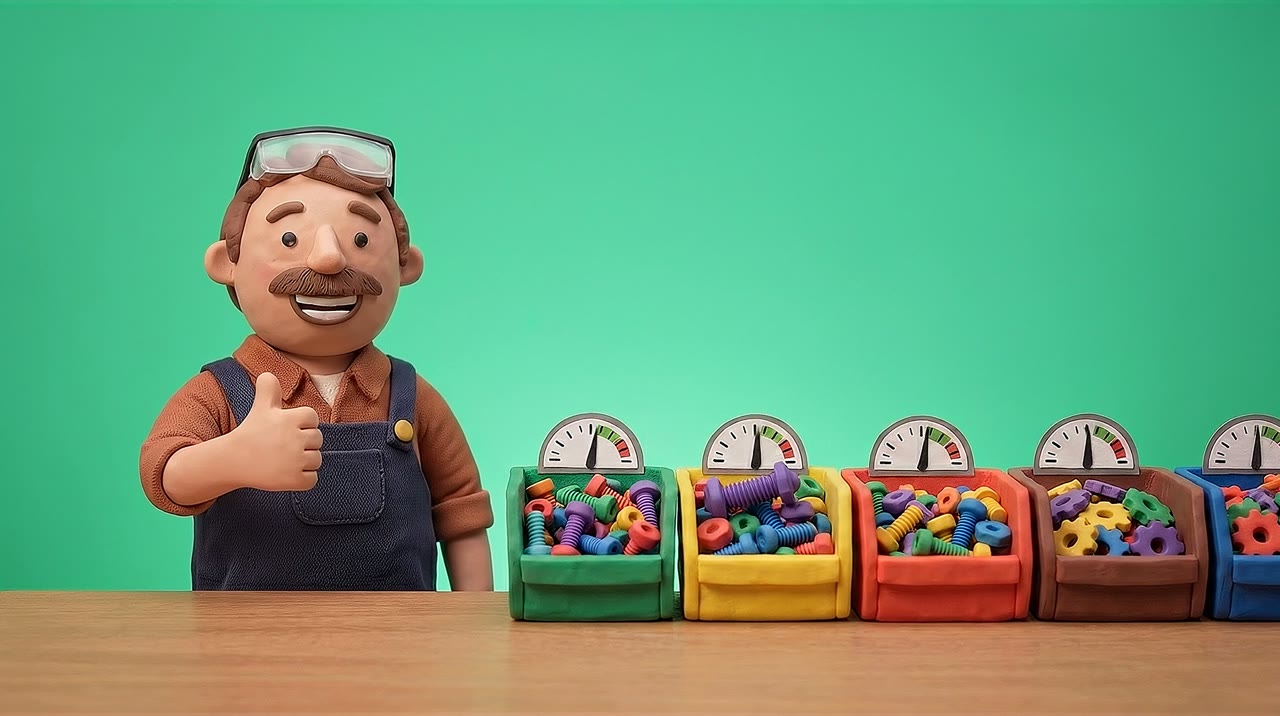 Claymation: Dave giving a thumbs-up beside a row of parts bins, each with a stock gauge.